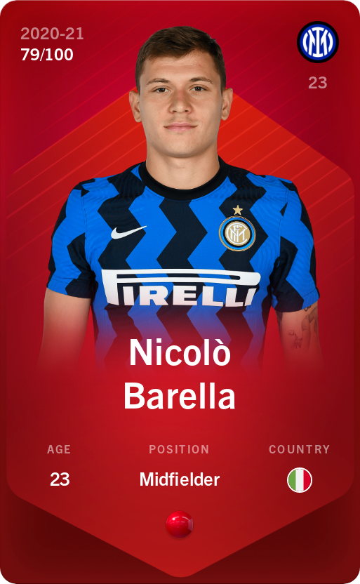 Sorare - Sorare Official - Nicolò Barella 2020-21 • Rare 79/100 - NFT # 109552920438968607765547278302118285074331424232051118806643287655191650629475