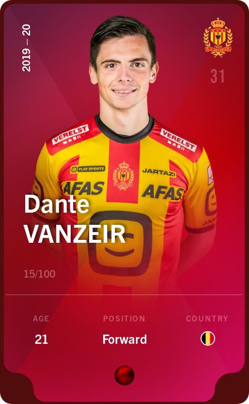 Sorare - Sorare Official - Dante Vanzeir 2019-20 • Rare 15/100 - NFT # 55470496237847924265181200175800650873056698327787636425184720615274914051548