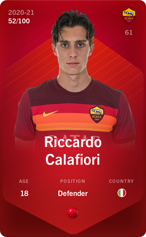 Sorare - Sorare Official - Riccardo Calafiori 2020-21 • Rare 52/100 - NFT # 94419149088494572200246849927798011752401357548582792172926912645968547602066