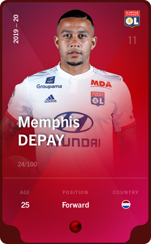 Sorare - Sorare Official - Memphis Depay 2019-20 • Rare 24/100 - NFT # 41022735521492573967446709919587797652221514429710872470407410021442599152827