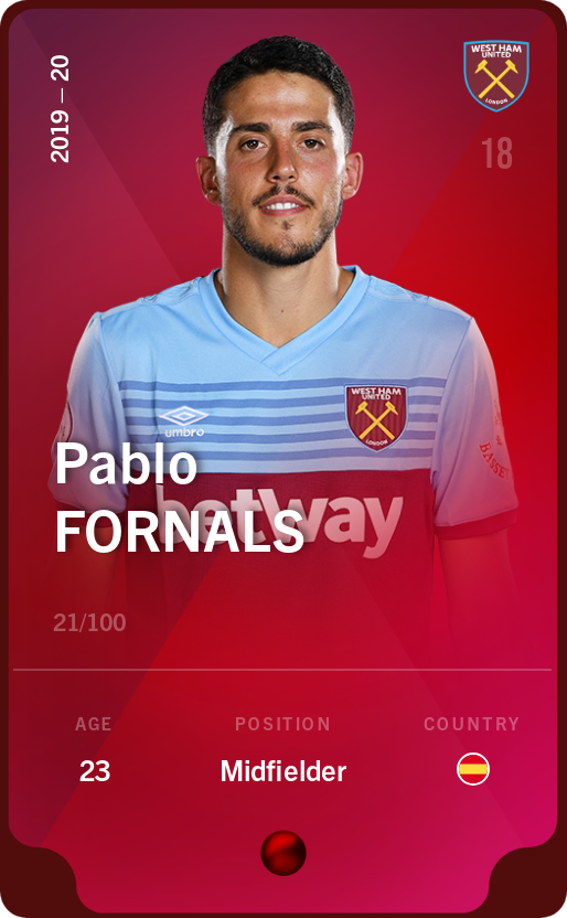 Sorare - Sorare Official - Pablo Fornals 2019-20 • Rare 21/100 - NFT # 76056410918766173037734306873780260641559396629254618736183596823858393134772