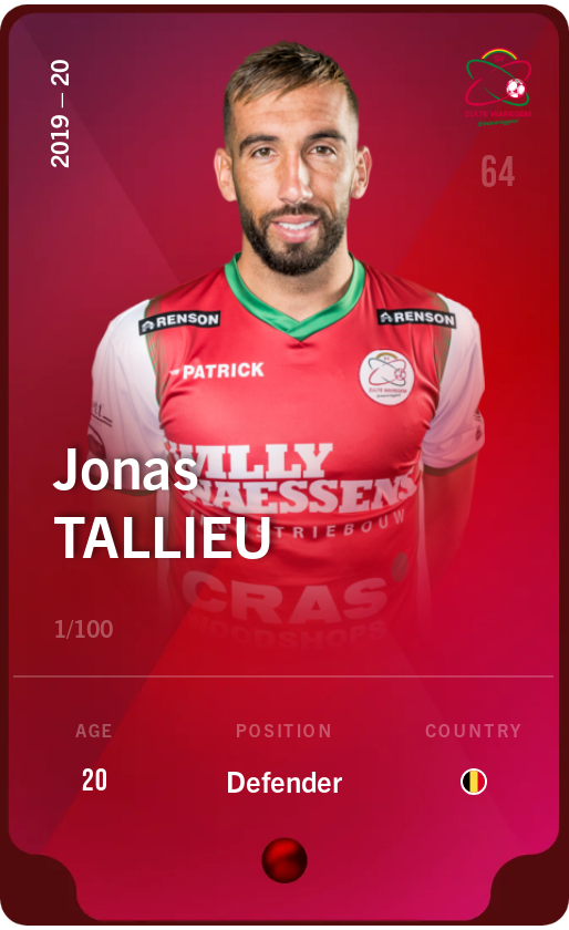 Sorare - Sorare Official - Jonas Tallieu 2019-20 • Rare 1/100 - NFT # 21277291152077447250341962799360718037044451906291653126645848446575410519390