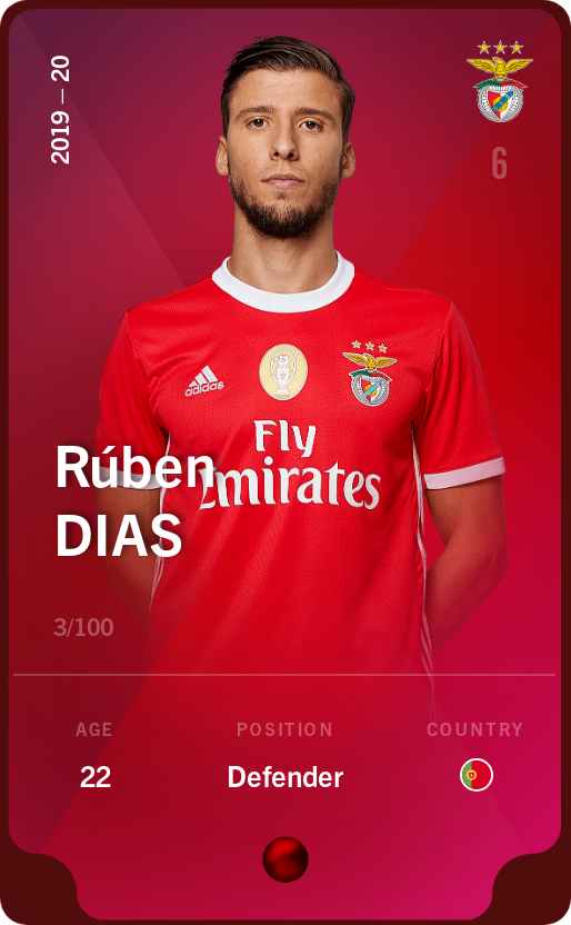 Sorare - Sorare Official - Rúben Dias 2019-20 • Rare 3/100 - NFT # 81779418723524289730285036134528984283588558117942534203488486690440597997156