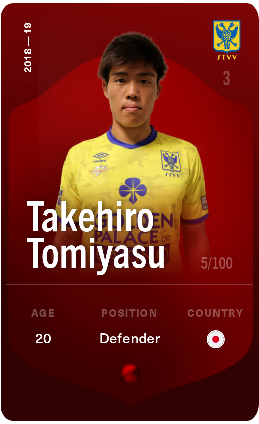 Sorare - Sorare Official - Takehiro Tomiyasu 2018-19 • Rare 5/100 - NFT # 91758050905170515313229008108170521951141316801982930885590285892744603706391