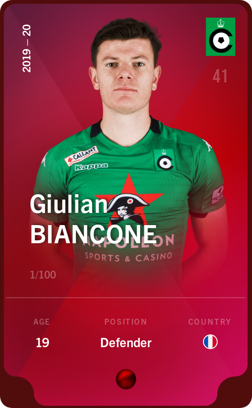 Sorare - Sorare Official - Giulian Biancone 2019-20 • Rare 1/100 - NFT # 39743486332054333343334436710714230531742048587830120086327041841265339798995