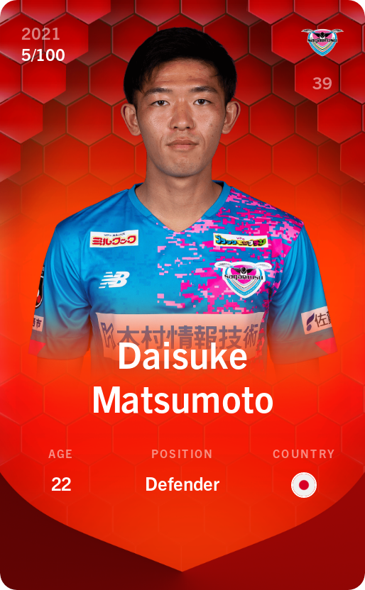 Sorare - Sorare Official - Daisuke Matsumoto 2021-22 • Rare 5/100 - NFT # 21588350475328793469524086572570929860187804591046924716631329727703430340888