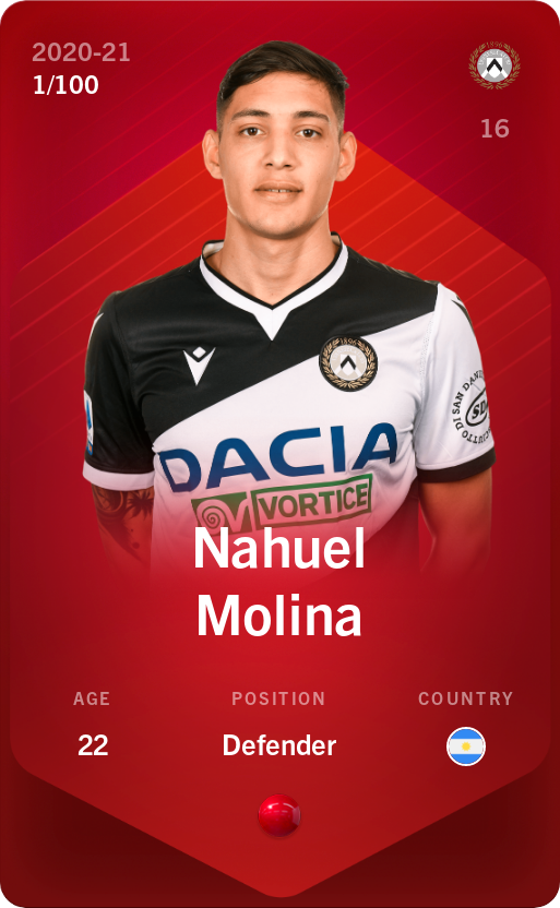 Sorare - Sorare Official - Nahuel Molina 2020-21 • Rare 1/100 - NFT # 82466416619200548815509990963200452673167939428295575572998486875734573504608