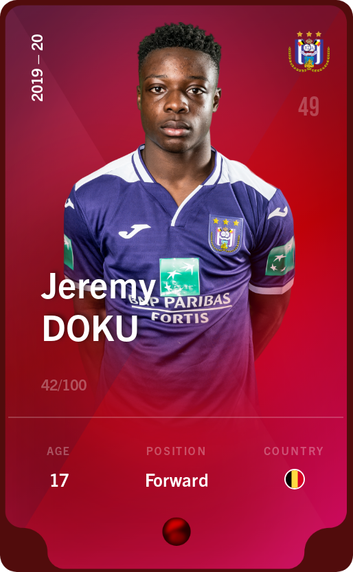 Sorare - Sorare Official - Jeremy Doku 2019-20 • Rare 42/100 - NFT # 68562710019494364574538053043702241075948322018113724476853236636713076873005