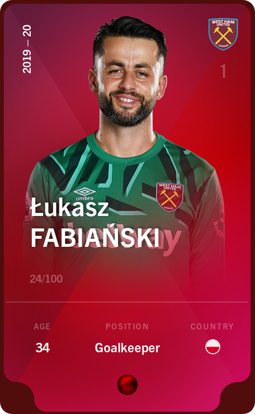 Sorare - Sorare Official - Łukasz Fabiański 2019-20 • Rare 24/100 - NFT # 89980196761366348396789525225914355621169086777529718648851149314407544650716