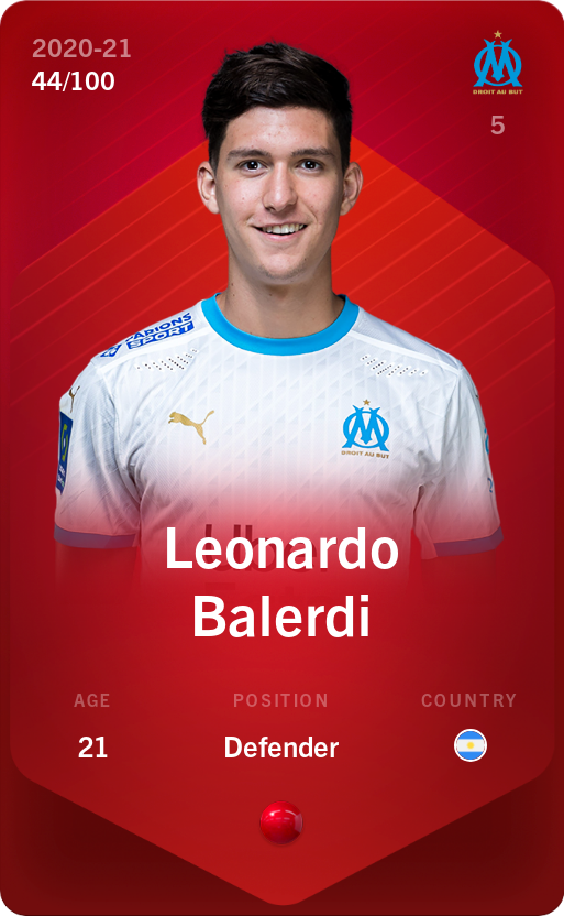 Sorare - Sorare Official - Leonardo Balerdi 2020-21 • Rare 44/100 - NFT # 34166637364674754795401964979522031593863673154498393998456231074593380316269