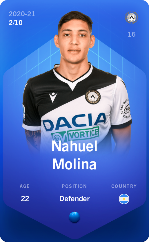 Sorare - Sorare Official - Nahuel Molina 2020-21 • Super Rare 2/10 - NFT # 108765257137655086900527328685039031200088806754341631035763810424788990392240