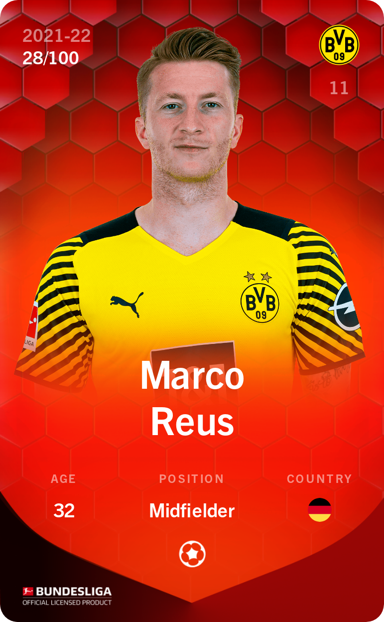 Sorare - Sorare Official - Marco Reus 2021-22 • Rare 28/100 - NFT # 69272415854421338359969228173176301248187078439714859499643931594711255768633