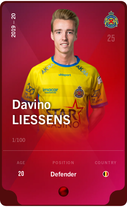 Sorare - Sorare Official - Davino Liessens 2019-20 • Rare 1/100 - NFT # 40976604307436768443178287120247601312329141048184438695237267321098340020514