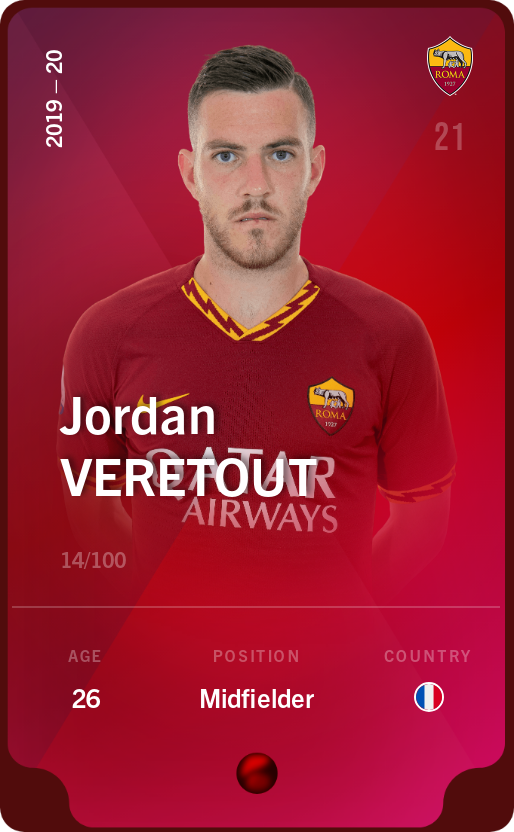 Sorare - Sorare Official - Jordan Veretout 2019-20 • Rare 14/100 - NFT # 72232146898150978148648906682526484199974781397216134981595380581746628206163