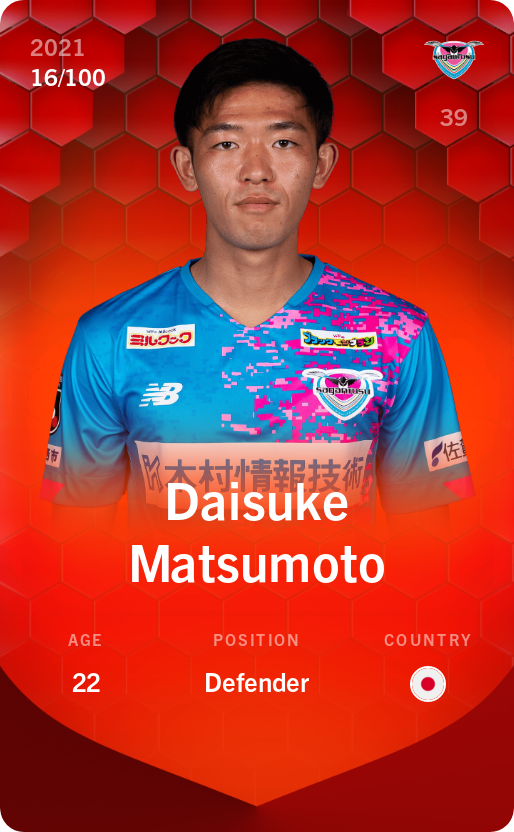 Sorare - Sorare Official - Daisuke Matsumoto 2021-22 • Rare 16/100 - NFT # 59875306151120897595080444854122651409604543267810341508260227176159674036565