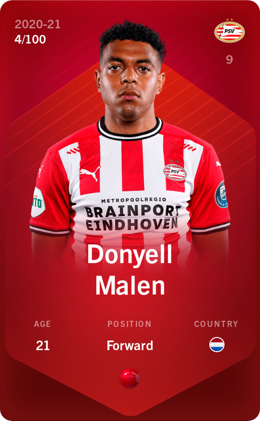 Sorare - Sorare Official - Donyell Malen 2020-21 • Rare 4/100 - NFT # 63299111159034275131894576776552186552165617490525760145820651245972620797325