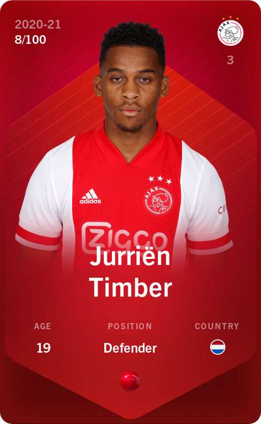 Sorare - Sorare Official - Jurriën Timber 2020-21 • Rare 8/100 - NFT # 90607632413304840439691255296502946603145729015145905594107584142668042142295