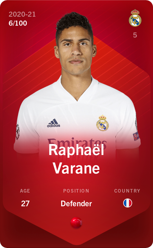 Sorare - Sorare Official - Raphaël Varane 2020-21 • Rare 6/100 - NFT # 62938800305419318230334550655629498973142058426635884715208843809016207443436