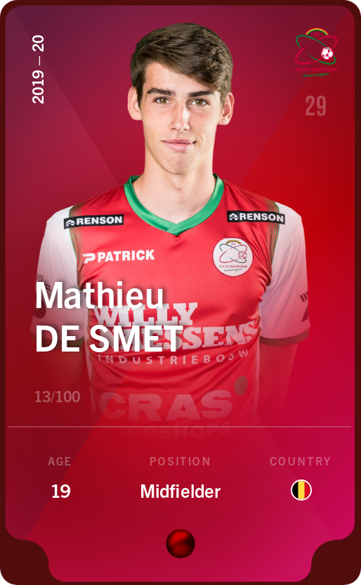 Sorare - Sorare Official - Mathieu De Smet 2019-20 • Rare 13/100 - NFT # 111473004665844006827792258487611233082154366409764040012338633087323801357204