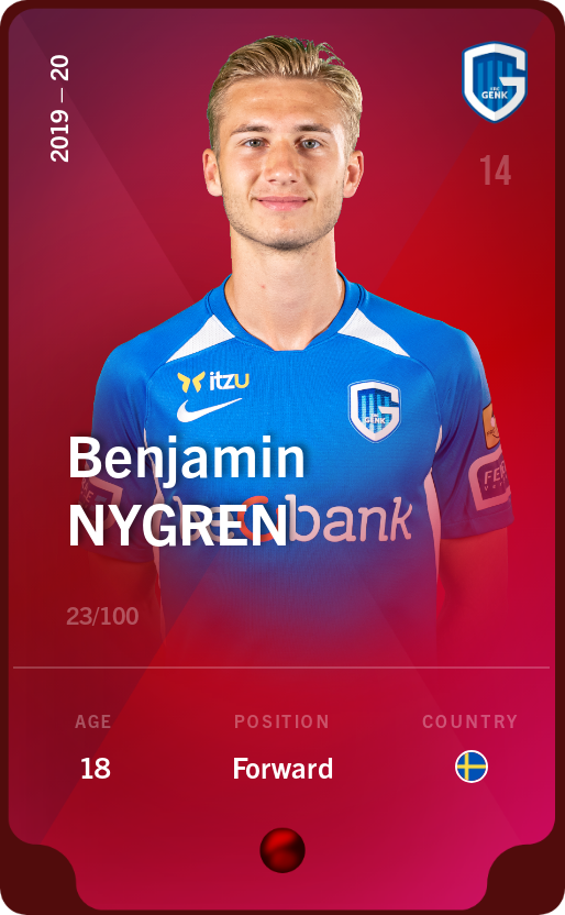 Sorare - Sorare Official - Benjamin Nygren 2019-20 • Rare 23/100 - NFT # 92584306666794394338066583901005843949236632759487857947883867343358571318850