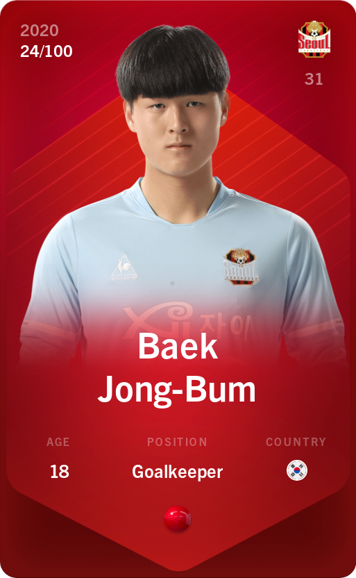 Sorare - Sorare Official - Baek Jong-Bum 2020-21 • Rare 24/100 - NFT # 50782955778780036679647856492288081460679107151352708107557589275982833692709