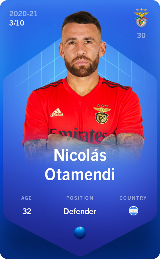 Sorare - Sorare Official - Nicolás Otamendi 2020-21 • Super Rare 3/10 - NFT # 74253234914332170102207675919572341638792001852297146885785424202582429799255