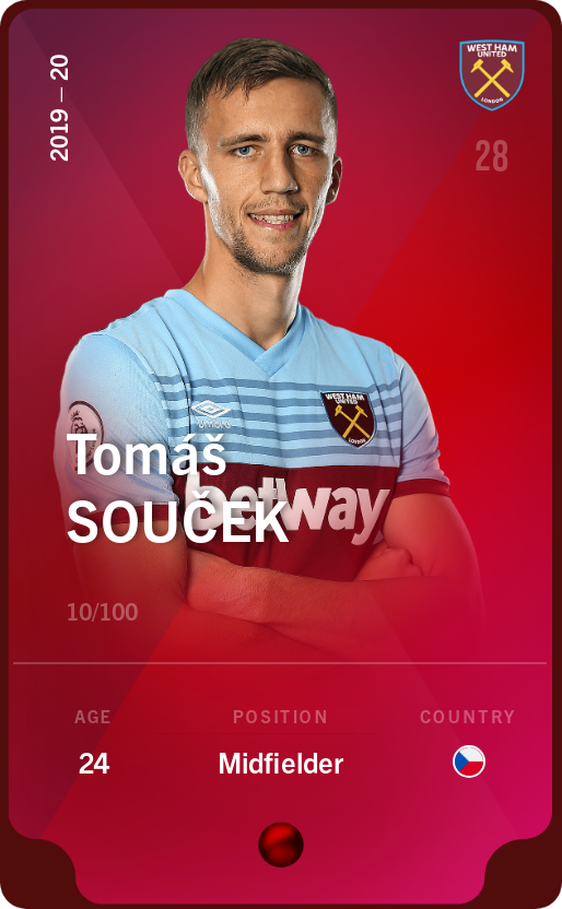 Sorare - Sorare Official - Tomáš Souček 2019-20 • Rare 10/100 - NFT # 67266748024214737482726948947361590314455354803306387089418179041640003426028