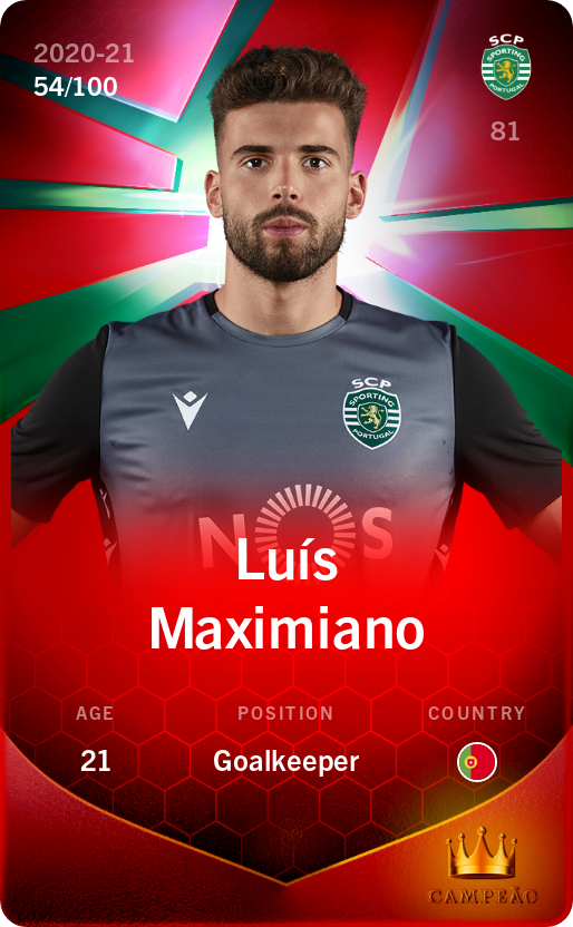 Sorare - Sorare Official - Luís Maximiano 2020-21 • Rare 54/100 - NFT # 91941299760469226052264157768839601205216431487444588828839311107229448770877