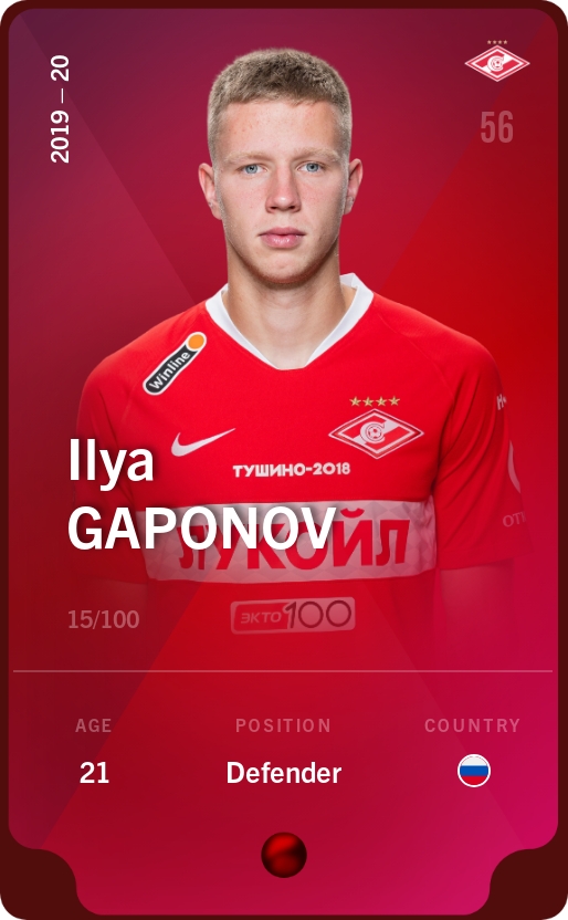 Sorare - Sorare Official - Ilya Gaponov 2019-20 • Rare 15/100 - NFT # 82821300125252375071409748576677872753132746391732143019466638760887199603330