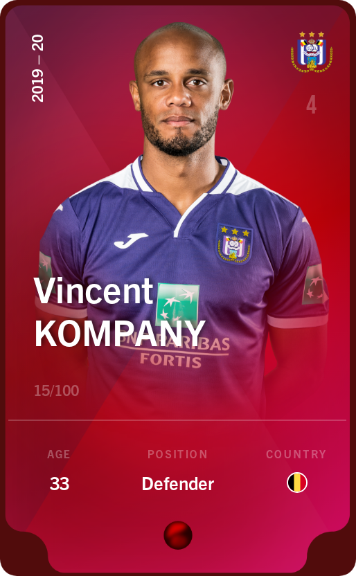 Sorare - Sorare Official - Vincent Kompany 2019-20 • Rare 15/100 - NFT # 44271041824208877698528981931544108442357559062794275073411476039952607546032