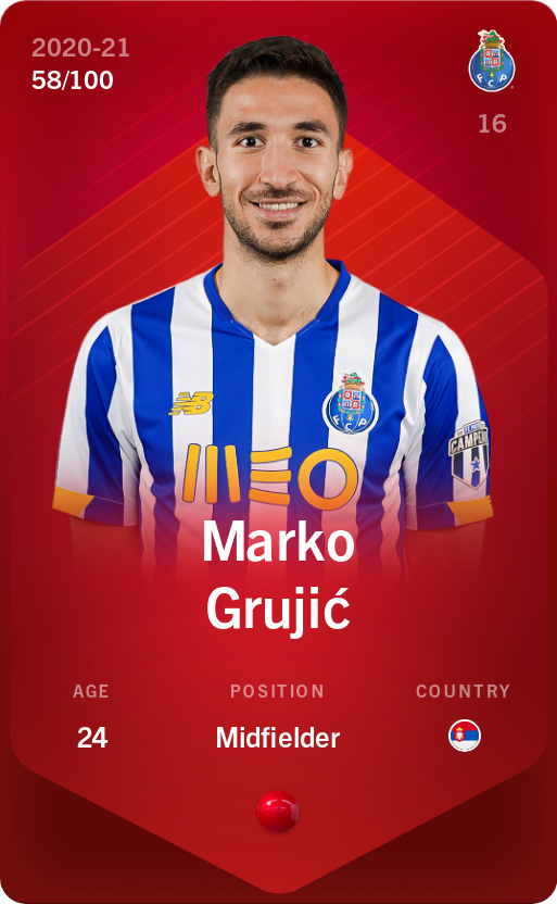 Sorare - Sorare Official - Marko Grujić 2020-21 • Rare 58/100 - NFT # 26706914936022878156108015793662173054881492367579938575956754466124035190173