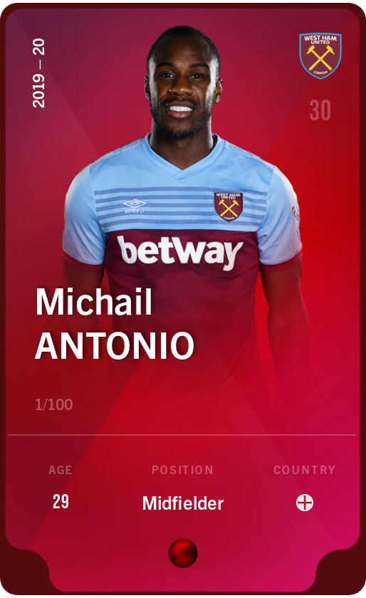 Sorare - Sorare Official - Michail Antonio 2019-20 • Rare 1/100 - NFT # 20415926452574699034036007945308678035773786825983277975993135130056609886782