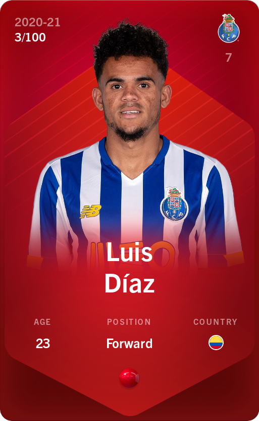 Sorare - Sorare Official - Luis Díaz 2020-21 • Rare 3/100 - NFT # 44875772903234644771671487647019606708648760924017624946875505036617002994597