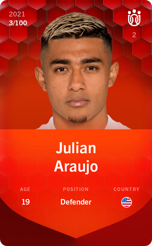 Sorare - Sorare Official - Julian Araujo 2021-22 • Rare 3/100 - NFT # 5307683387683825650718234776078205896062439415313306558431595825024143120266