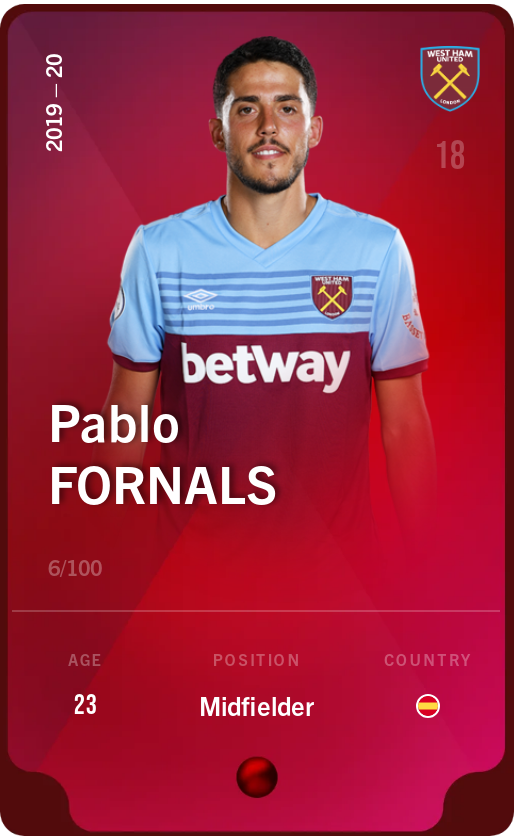Sorare - Sorare Official - Pablo Fornals 2019-20 • Rare 6/100 - NFT # 10369476244574368183990061893387282722167523824938531530722108245095044279033