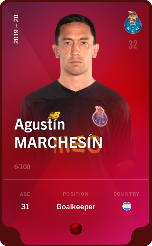 Sorare - Sorare Official - Agustín Marchesín 2019-20 • Rare 6/100 - NFT # 31698376150628883226614634914627675215748545995603587580039884540526613375699
