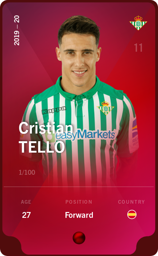 Sorare - Sorare Official - Cristian Tello 2019-20 • Rare 1/100 - NFT # 113947761333913635697505719238327470869369052157246704354347381414300542630257