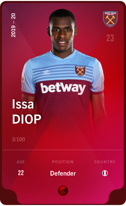 Sorare - Sorare Official - Issa Diop 2019-20 • Rare 3/100 - NFT # 12870327771210057544273784563696414821597845739382222854889914821714760820129