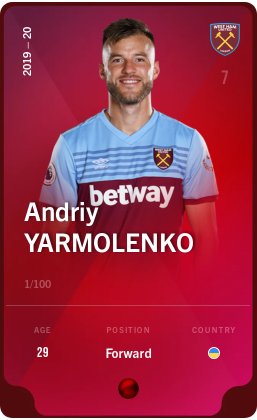 Sorare - Sorare Official - Andriy Yarmolenko 2019-20 • Rare 1/100 - NFT # 75571340119258374899864304486022438837973787837490129441797869460582962571840