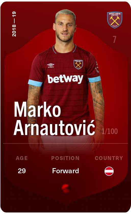 Sorare - Sorare Official - Marko Arnautović 2018-19 • Rare 1/100 - NFT # 26980296364490360405325822352000086632303739849167818660424092927364992269615