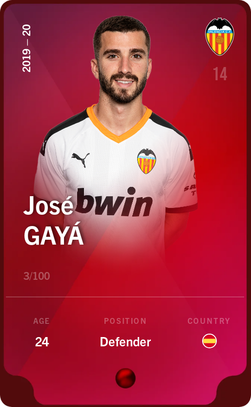 Sorare - Sorare Official - José Gayá 2019-20 • Rare 3/100 - NFT # 113938676052503318903412195325852053046108773491850948448915136903695950054757