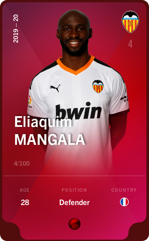 Sorare - Sorare Official - Eliaquim Mangala 2019-20 • Rare 4/100 - NFT # 95981866548140467702787038169054594803759561647033958718734068532865946942140