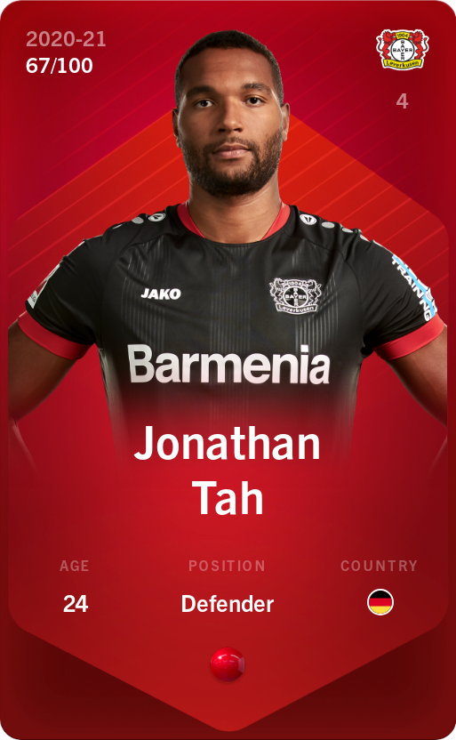 Sorare - Sorare Official - Jonathan Tah 2020-21 • Rare 67/100 - NFT # 81306227068386874913353670715711815094193208228212450396735999164222006594058