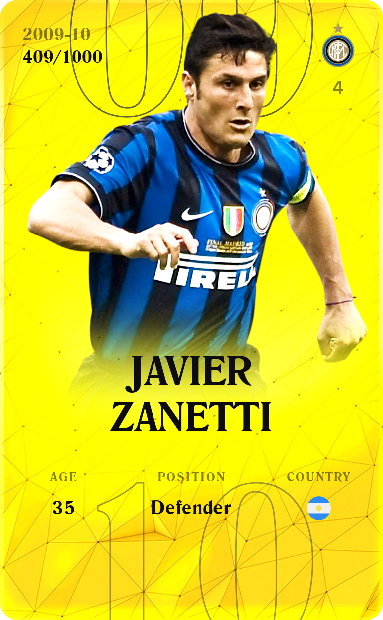 Sorare - Sorare Official - Javier Zanetti 2009-10 • Limited 409/1000 - NFT # 95176692325387659965816530545156831075380758174565046793727968438394442377655