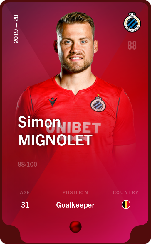 Sorare - Sorare Official - Simon Mignolet 2019-20 • Rare 88/100 - NFT # 106995012813249220471016634488707166394175329724359019138461222771073403674890