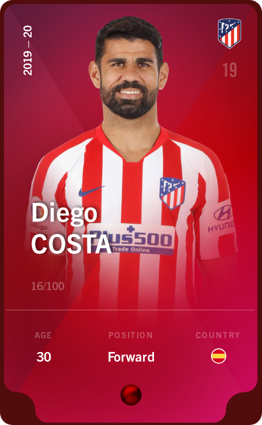 Sorare - Sorare Official - Diego Costa 2019-20 • Rare 16/100 - NFT # 51909036400439872834317339136755748477689414257022783756821174097565738144692