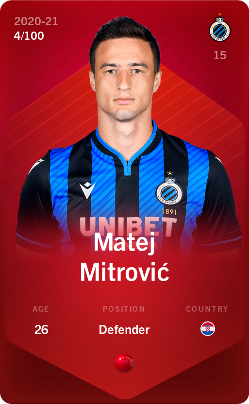 Sorare - Sorare Official - Matej Mitrović 2020-21 • Rare 4/100 - NFT # 72220698102758090385024284350591616208005145976909576838576978826076765615520
