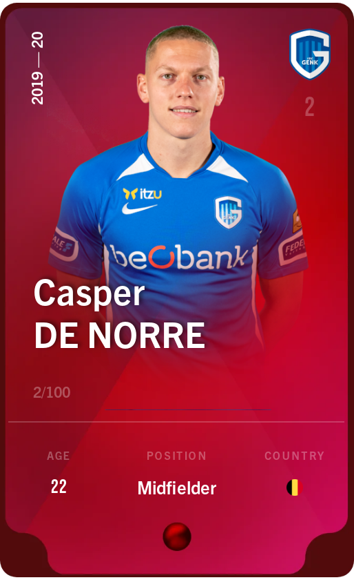 Sorare - Sorare Official - Casper De Norre 2019-20 • Rare 2/100 - NFT # 41147125228424836772043864495512127630433712479909970816638296511864346295165