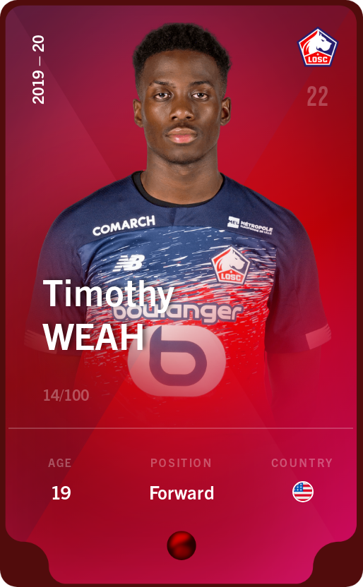 Sorare - Sorare Official - Timothy Weah 2019-20 • Rare 14/100 - NFT # 77157855681005431423864457816291075124031826556095666852604831477891280547884