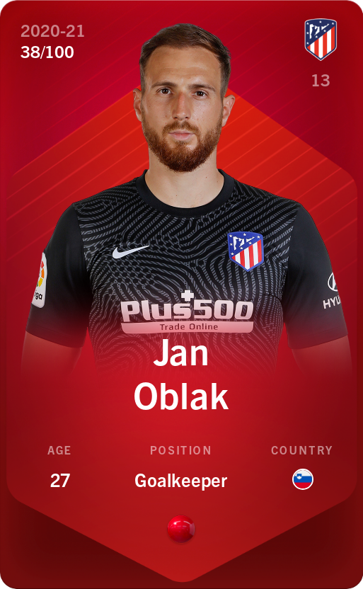 Sorare - Sorare Official - Jan Oblak 2020-21 • Rare 38/100 - NFT # 44806238448650205061378952288232795084366983753620327511957739971019518884795
